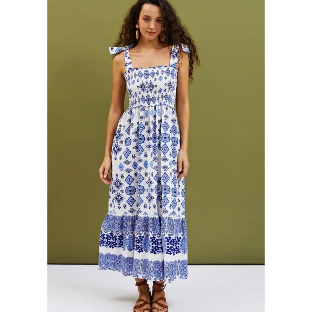 Zara Smocked Tie Strap‎ Boho Linen Maxi Tiered Dress Grecian Print Size Large